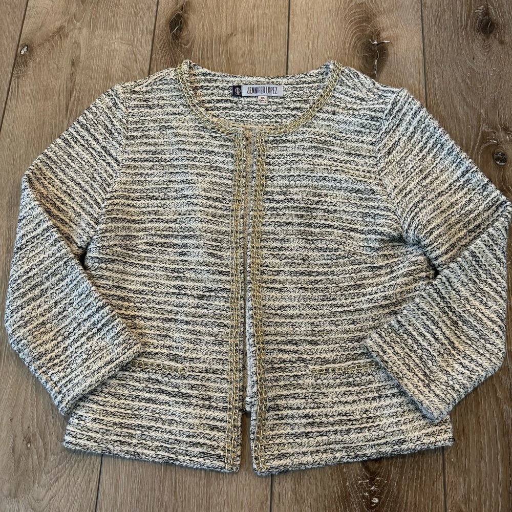 Jennifer Lopez Tweed Wool- Like Cardigan Blazer Jacket Gold Detail XS